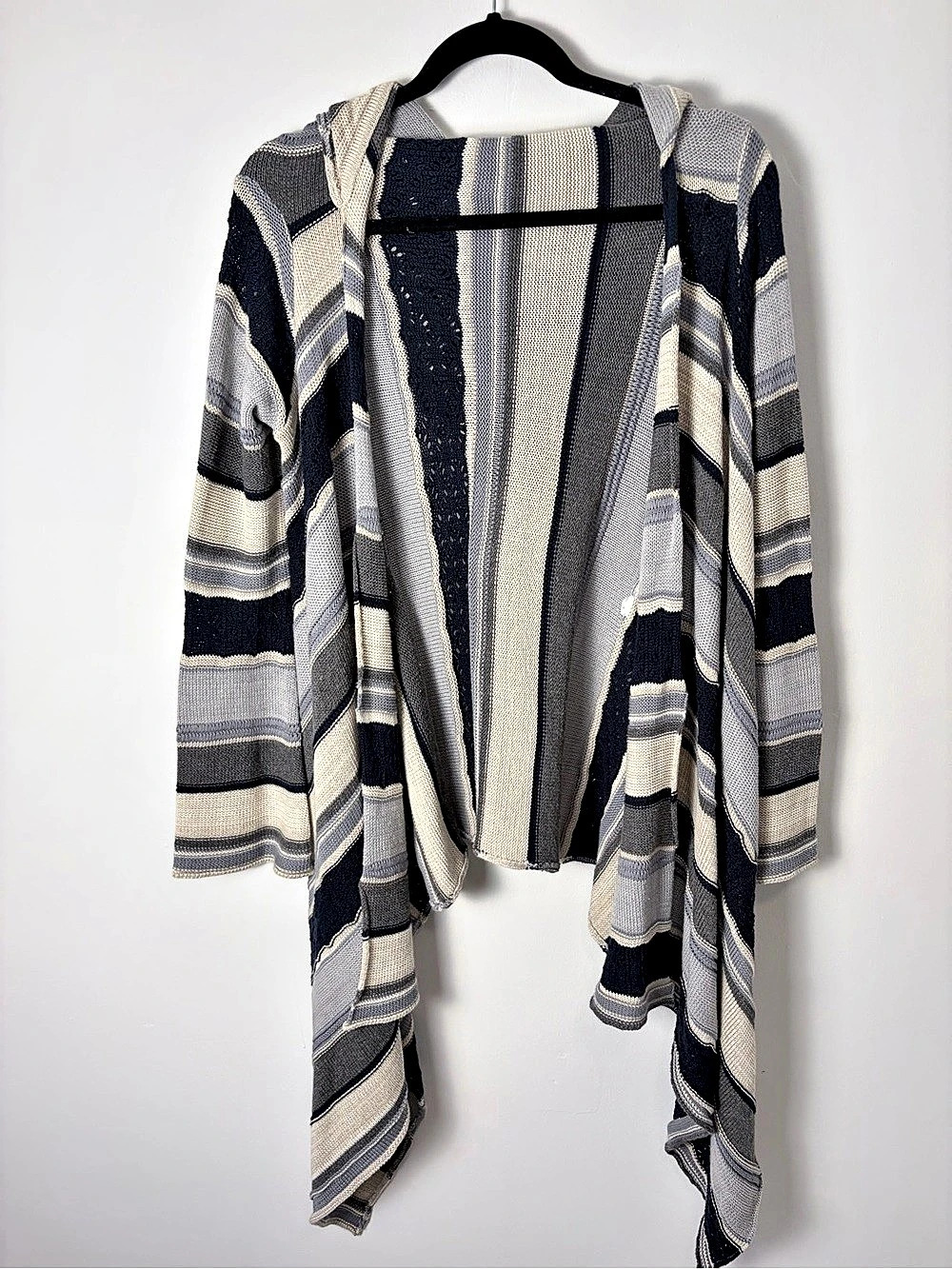 Goddis Striped Hooded Waterfall Cardigan Navy Gray Cream S/M